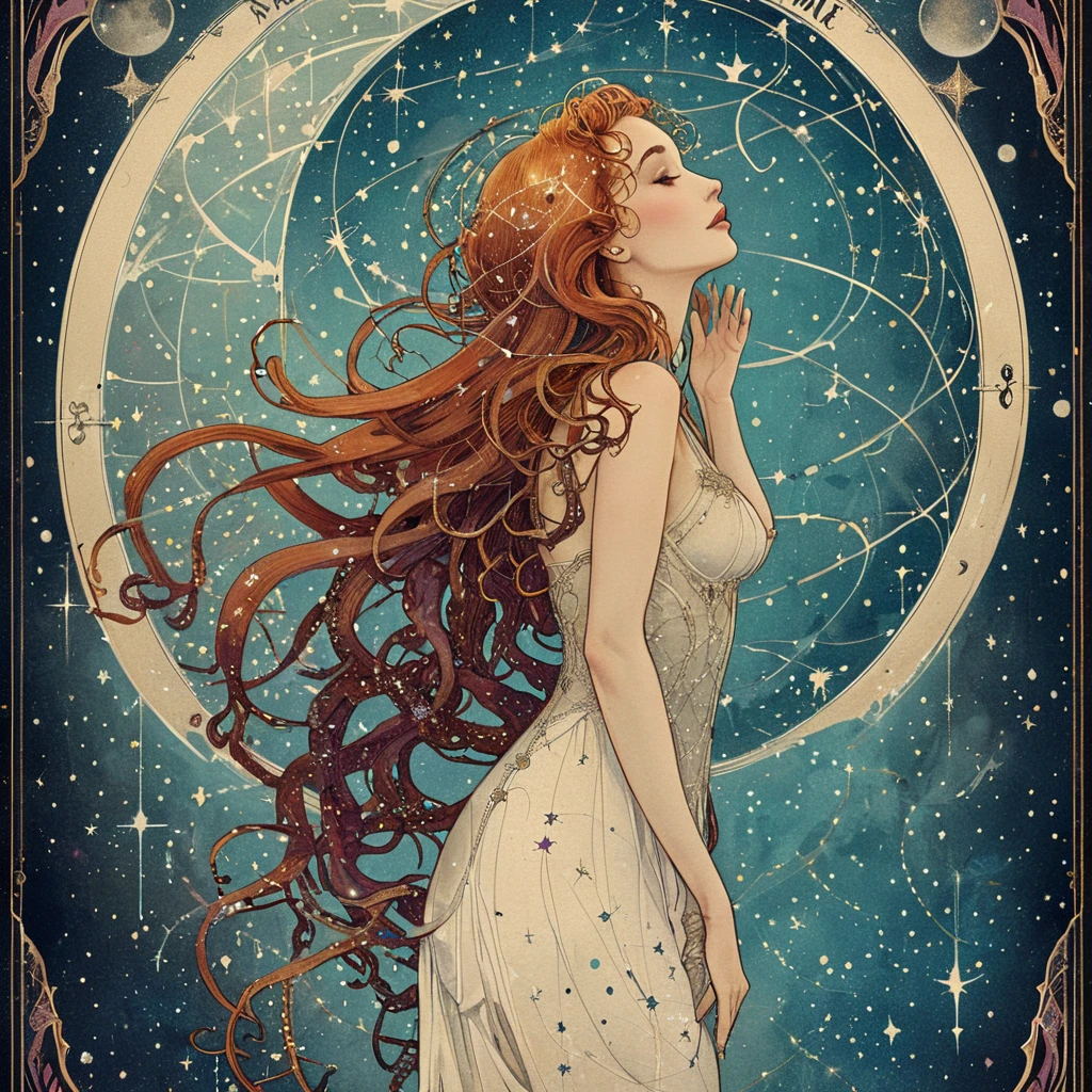 masterpiece, best quality, <lora:add-detail-xl:1> <lora:ArsMJStyleSDXL_-_Art_Nouveau:1> ArsMJStyle, Art Nouveau A theatrical poster for a symbolist play, featuring a mysterious feminine figure whose hair transforms into constellations. The text is integrated into the design with typical Art Nouveau typography.