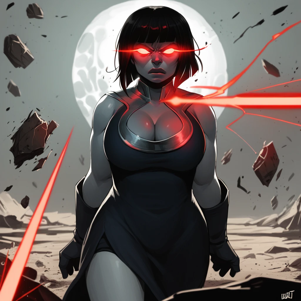 score_9_up, score_8_up, BREAK, LADYDARKSEID, 1girl, solo, black hair, short hair, no pupils, glowing eyes, dress, short dress, silver, cleavage, gloves, cowboy shot,  <lora:LadyDarkseid_PXL_Leaf1:1>, red theme, debris, laser,