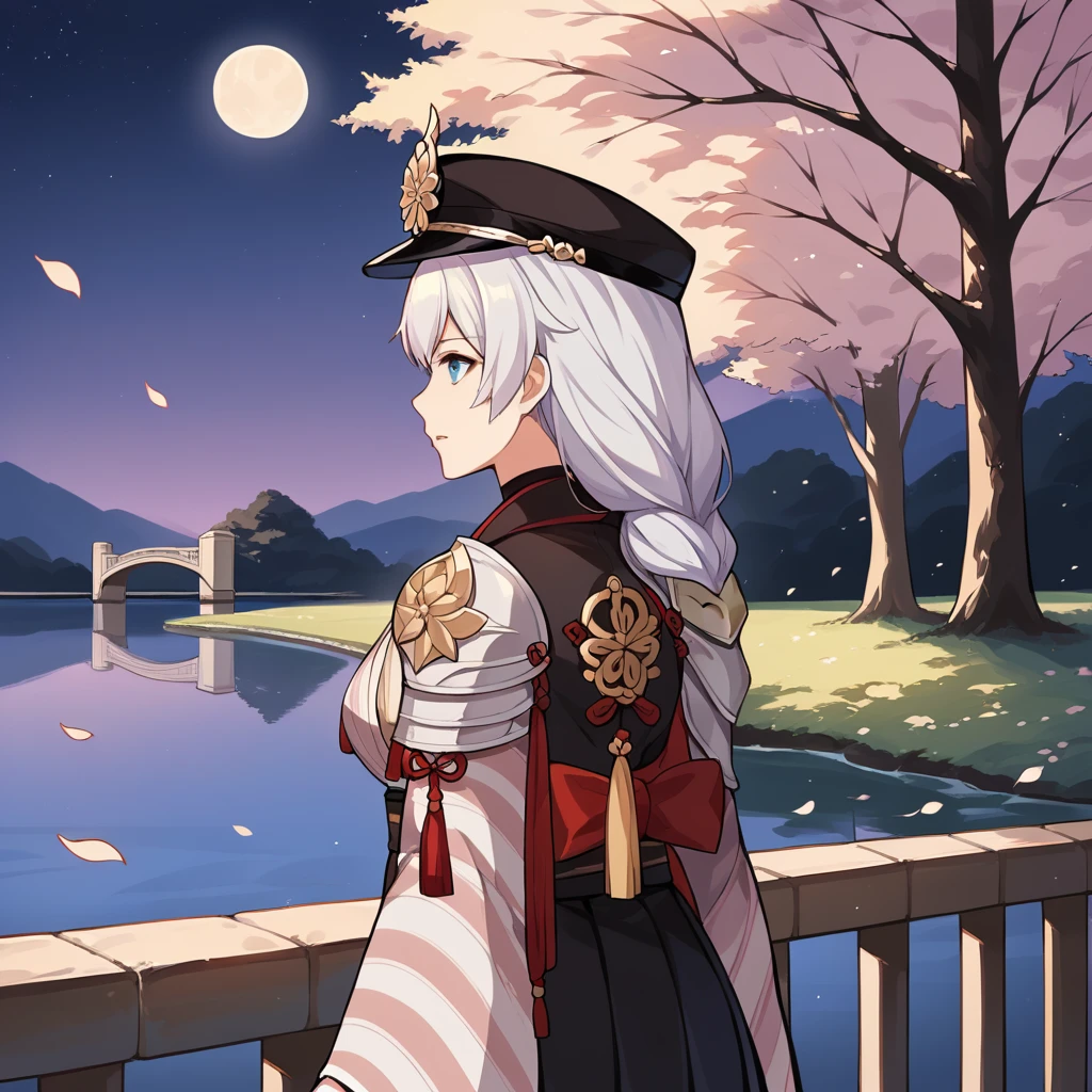 score_9_up, score_8_up, score_7_up, source_anime, masterpiece, best quality, 1girl, solo, Kallen, Kal_JP, night time, moon light, starry sky, river, standing on bridge, red bridge, from behind, hand on railing, seductive, parted lips, looking ahead, sakura trees, petals, white hair, braided ponytail, long sleeves, japanese clothes, military hat, black hat, black gloves, fur on shoulder, pleated skirt, wide sleeves, black skirt, black bow, armor, choker, belt, jacket, mature body, dynamic cowboy shot, outdoors, Tori gate, Japanese bridge background