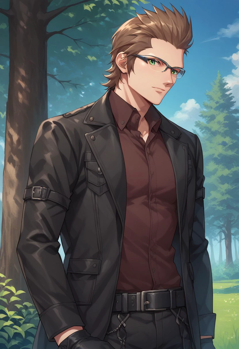 score_9, score_8_up, score_7_up, source_anime, highly detailed, 
ignisxv, 1boy, solo, male focus, glasses, brown hair, gloves, green eyes, shirt, black gloves, belt, jacket, black jacket,
outdoor, trees, sky,