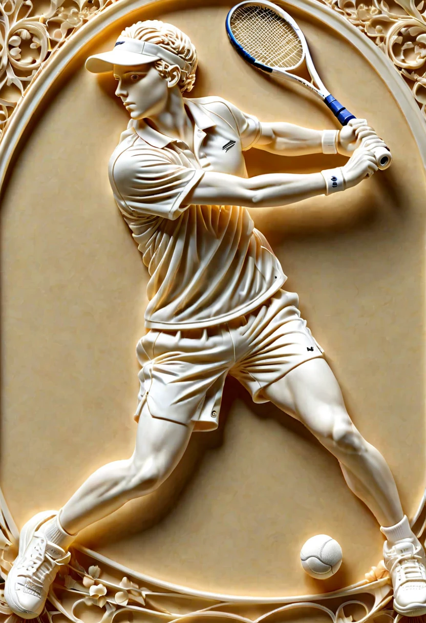 ivory_carving_style, beautiful picture of a tennis player, closeup, made out of delicate and fragile fine original ivory material, whole body, masterpiece, flawless, elegant, vibrant details, (expansive view:1.4), (clear outlines:1.4), (ultra detailed:1.4), 64K, (high contrast:1.4), award winning, stunning, beautiful composition, clean sharp focus, SFW, realistic