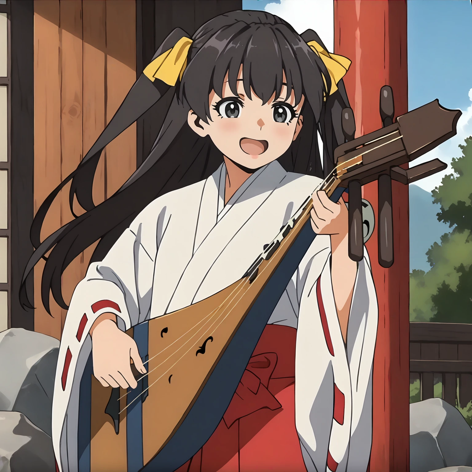 <lora:TES_HikaruXLpony002>,
smile,open mouth,
solo,
Hikaru,1girl,black brown hair,two -side up,hair ribbon,long hair,black eyes,
miko,japanese clothes,ribbon-trimmed sleeves,
red hakama,
outdoors,
standing,
biwa lute,
musical instrument strap,
playing instrument,
plectrum,