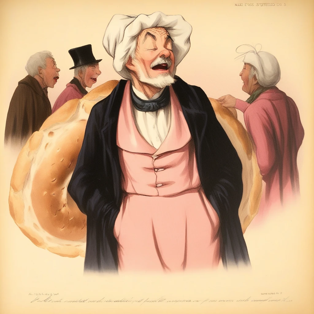 male focus, crowd, suspenders, bread, closed eyes, old man, pompadour, from side, pink dress, beard, bonnet, blood, top hat, tongue out, mustache, hand in pocket, sleeping, white hair, cape, umbrella, single hair bun