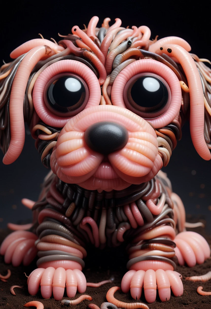 W0Rm5, a cute dog is made entirely from worms, detailed face, (big eyes:0.9), detailed eyes, (long eye lashes, ,Masterpiece,best quality, raw photo, realistic, very aesthetic