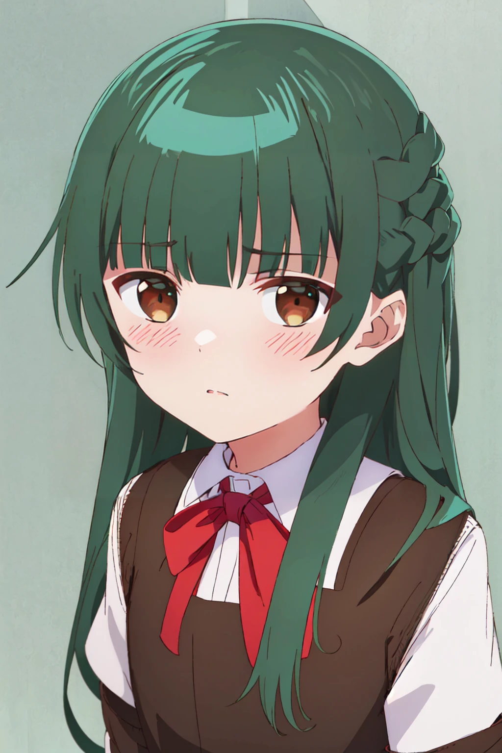 <lora:TsukasaGojouinR4:0.7>, TsukasaGojouinR4, 1girl, long hair, green hair, brown eyes, bangs,
school uniform, simple background, portrait, looking at viewer,