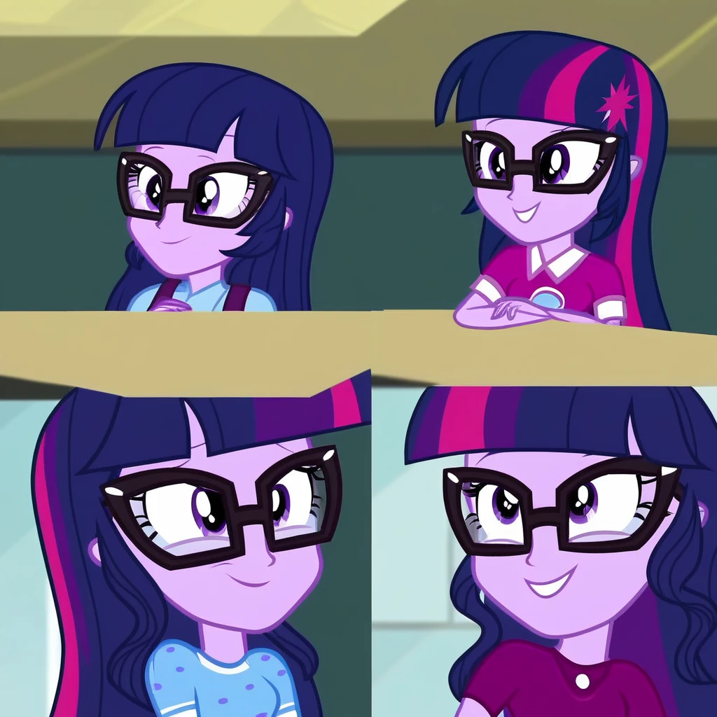 1girl , purple hair, purple skin, purple eyes, multicolored hair, glasses, smiling, hands in the hair, upper body , skirt, shirt,