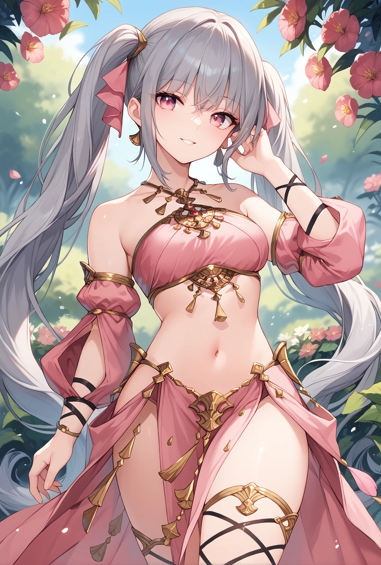 score_9, score_8_up, score_7_up, 
  alicernd, twintails, very long hair, grey hair, pink eyes
garden,flowers,smile,hand on own face, 
bandeau, dancer,cross-laced legwear,detached sleeves, jewelry,pelvic curtain,  <lora:alice-nikke-richy-v1_pdxl:1>,<lora:OutfitThavernarXLPony:1>