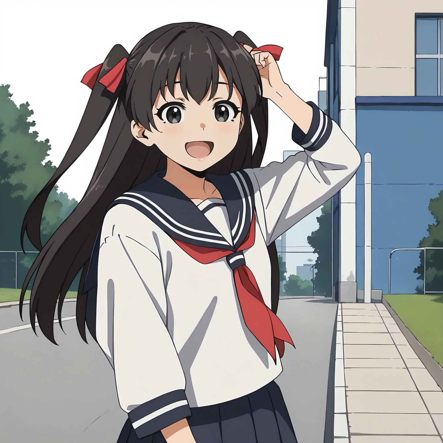 <lora:TES_HikaruXLpony002>,
smile,open mouth,
solo,
Hikaru,1girl,black brown hair,two -side up,hair ribbon,long hair,black eyes,
serafuku,
outdoors,
standing,