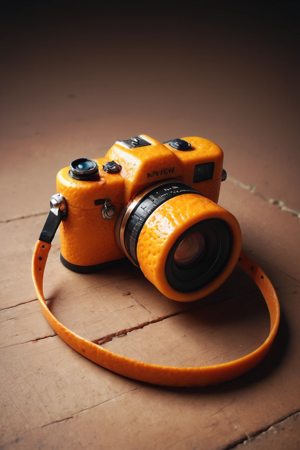 score_9, score_8_up, score_7_up, source_photo, realistic, nsfw, <lora:Orange_Peel:0.8>, orange peel, A vintage-style camera with a body that mimics the texture of an orange peel. The camera has a leather strap and a large, round lens. The overall aesthetic should be both rustic and modern.