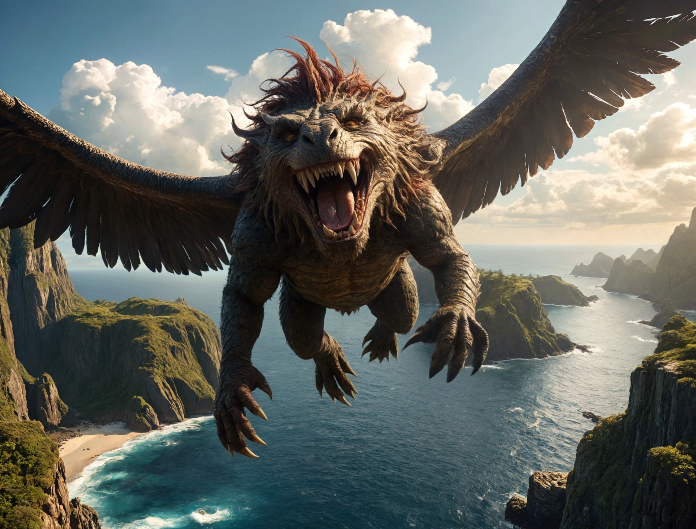 famous cinematic film still by (steve prescott:1.1) and (jim pavelec:1.4) and (casey baugh:1.1), detailed expressive eyes, fantasy style, the regal looking toothy mobdonk, a creature of the puffalorpled ((flying high up in to skies)), looking down from above over islands, shown here with its majestic tynding wings outstretched as it soars above a resiliforged realm of helviported islands and vibrant cascading quibblesnatch of planet chuckleberry v RAW photo, realistic texture, extremely detailed, absurdres, sharp focus, volumetric lighting, subsurface scattering