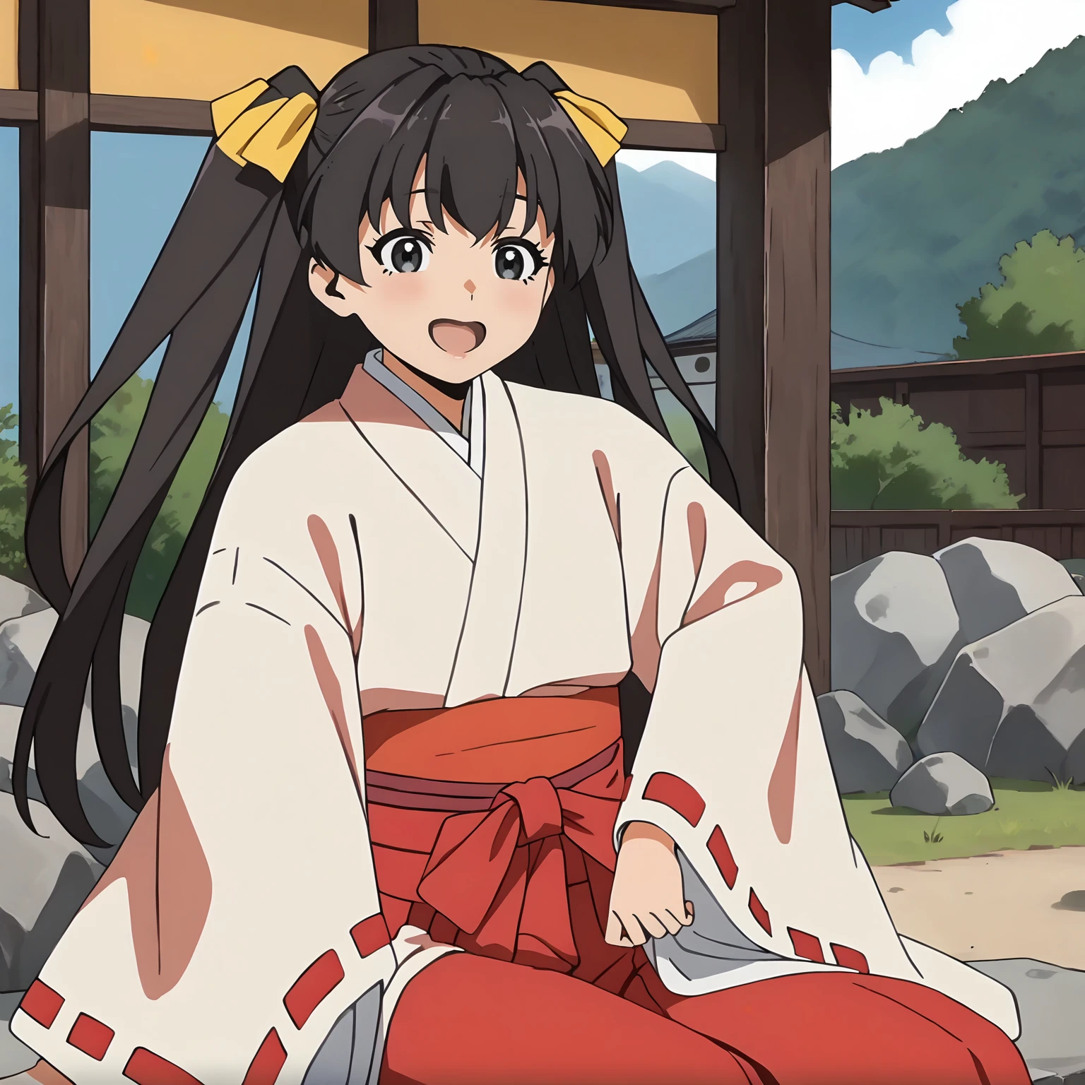 <lora:TES_HikaruXLpony002>,
smile,open mouth,
solo,
Hikaru,1girl,black brown hair,two -side up,hair ribbon,long hair,black eyes,
miko,japanese clothes,ribbon-trimmed sleeves,
red hakama,
outdoors,
sitting,