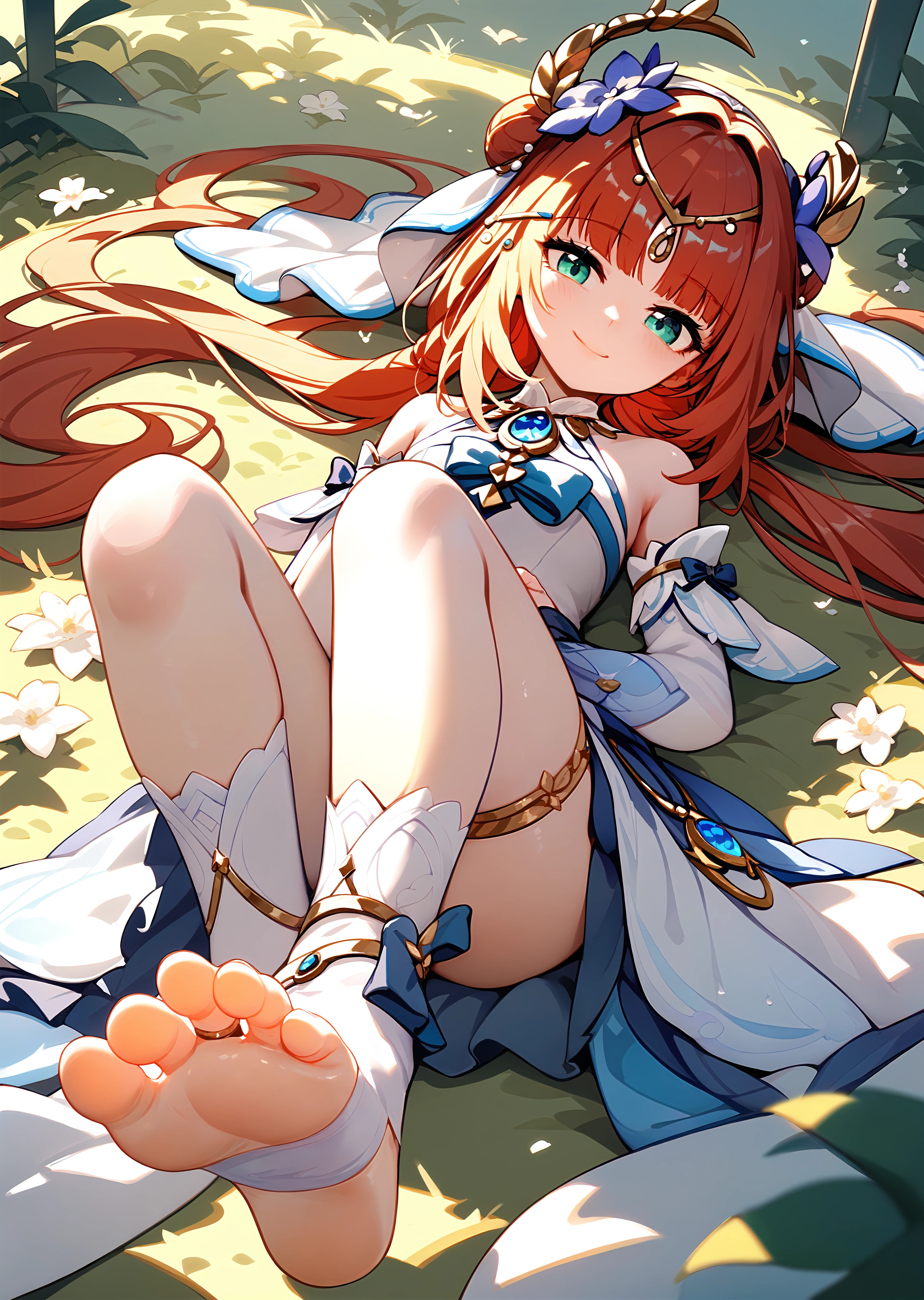 (score_9, score_8_up, score_7_up), 1girl, nilou \(breeze of sabaa\), hair ornament, circlet, bare shoulders, detached sleeves, blue thighlet, toeless kneehighs, smile, lying, foot focus, foreshortening, <lora:nilou-giPO-v1ar-000007:0.8>