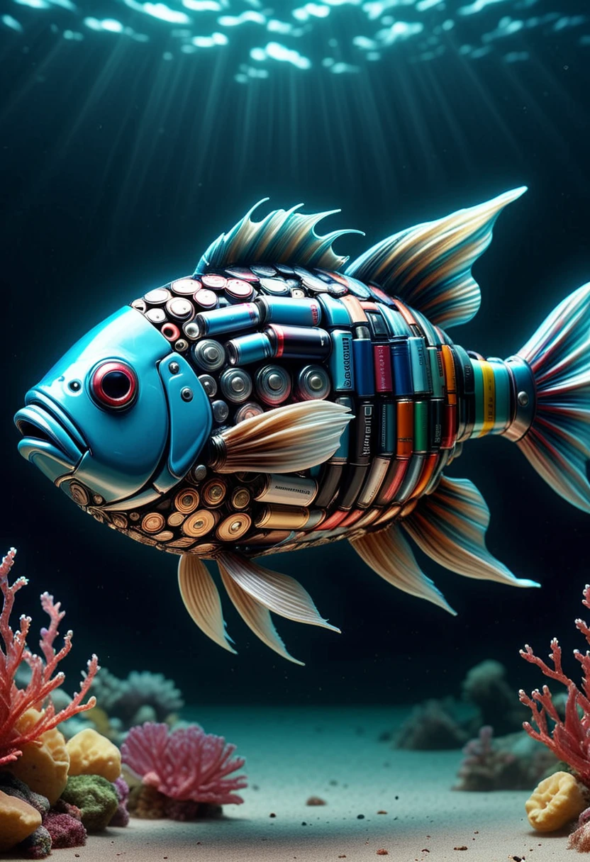 B4TT3R13S, a fish made of batteries,  swimming in the ocean, set in the ocean, with diverse marine life, glowing flora, serene ambiance, magical light, ,Masterpiece,best quality, raw photo, realistic, very aesthetic