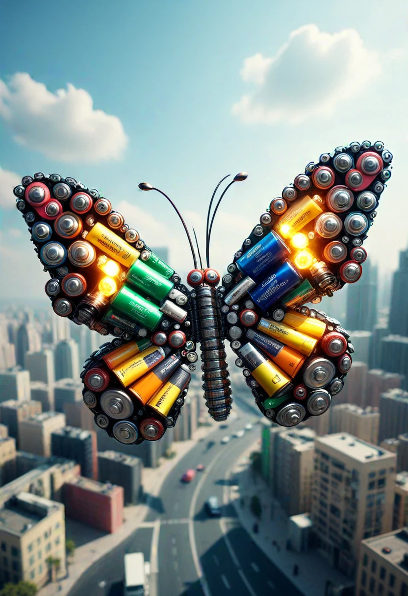 B4TT3R13S, a butterfly made of batteries,  flying over a city, ,Masterpiece,best quality, photo, realistic, very aesthetic