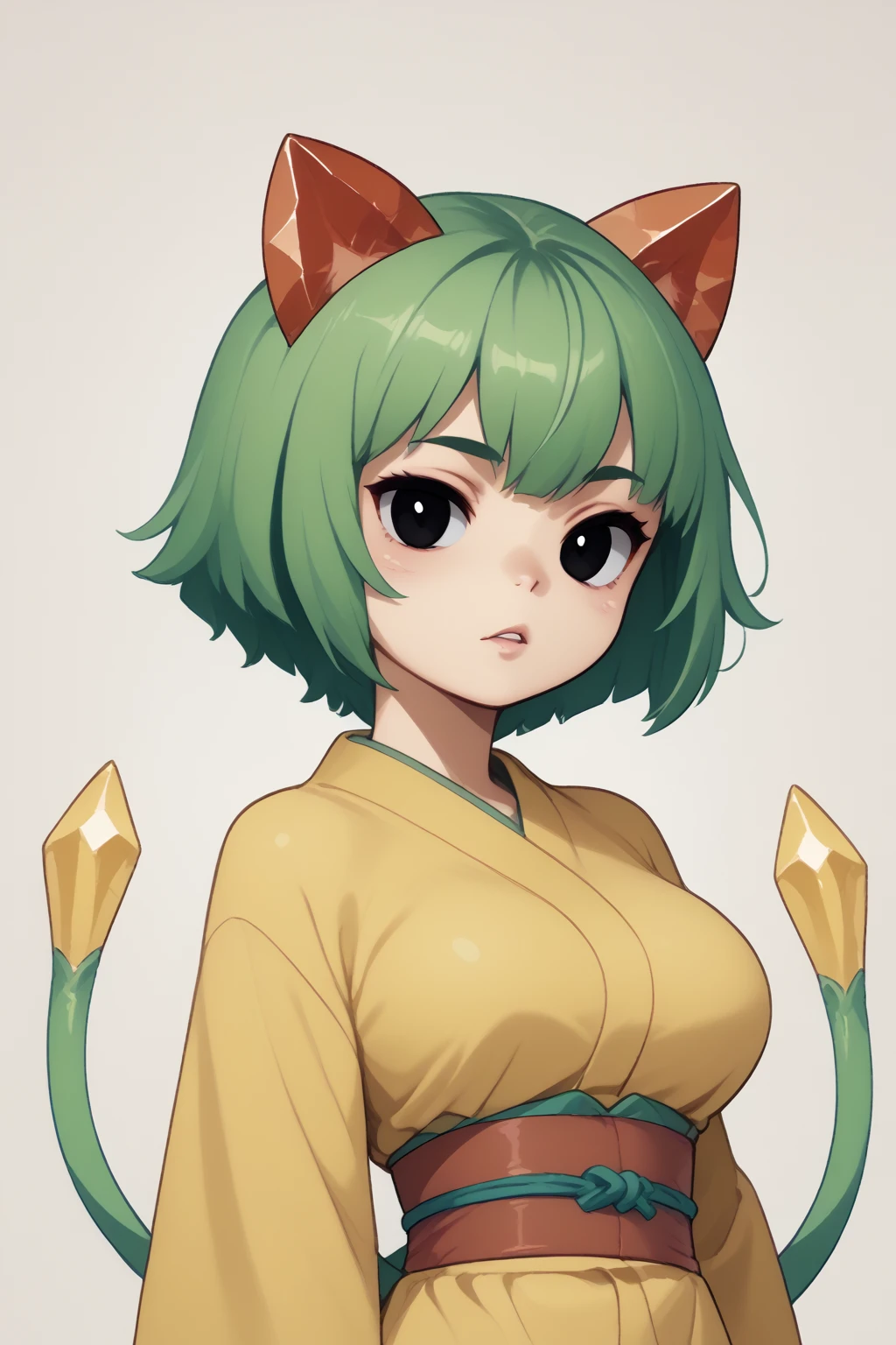 score_9, score_8_up, score_7_up, score_6_up, rating_safe, Tira, 1girl, large breasts, crystal ears, cat ears, green hair, short hair, black eyes, two tails, yellow kimono, obi, parted_lips,