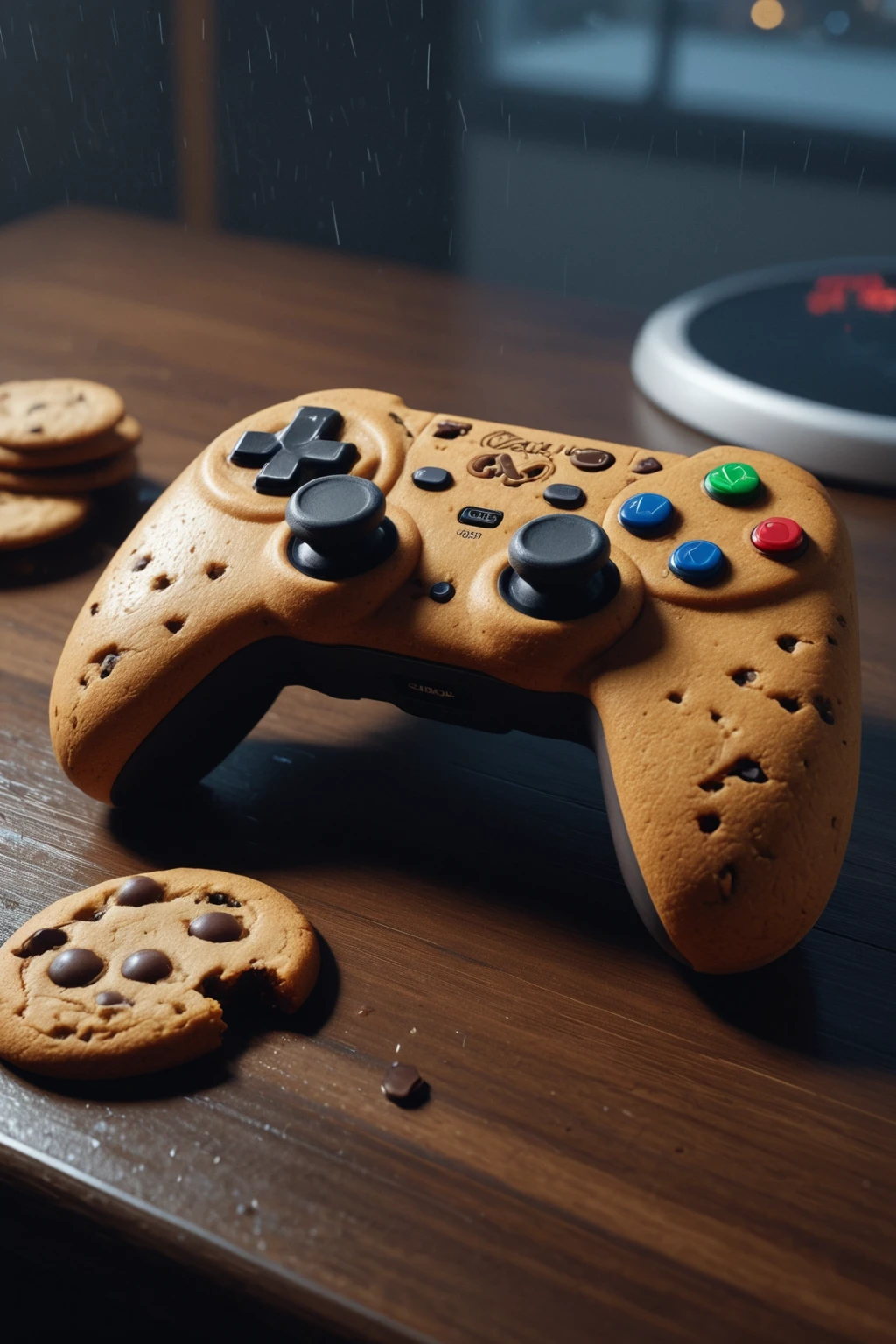 made of Chocolate_Chip_Cookies, epic digital picture of a Gaming Controller on a table, highly detailed, at night, rainy, masterpiece, dramatic cinematic lighting, unforgettable, very intricate, high detail , photorealistic detail, ultra-realism , photorealistic,  ultra detailed ,octane render,   <lora:Chocolate_Chip_Cookies:1>