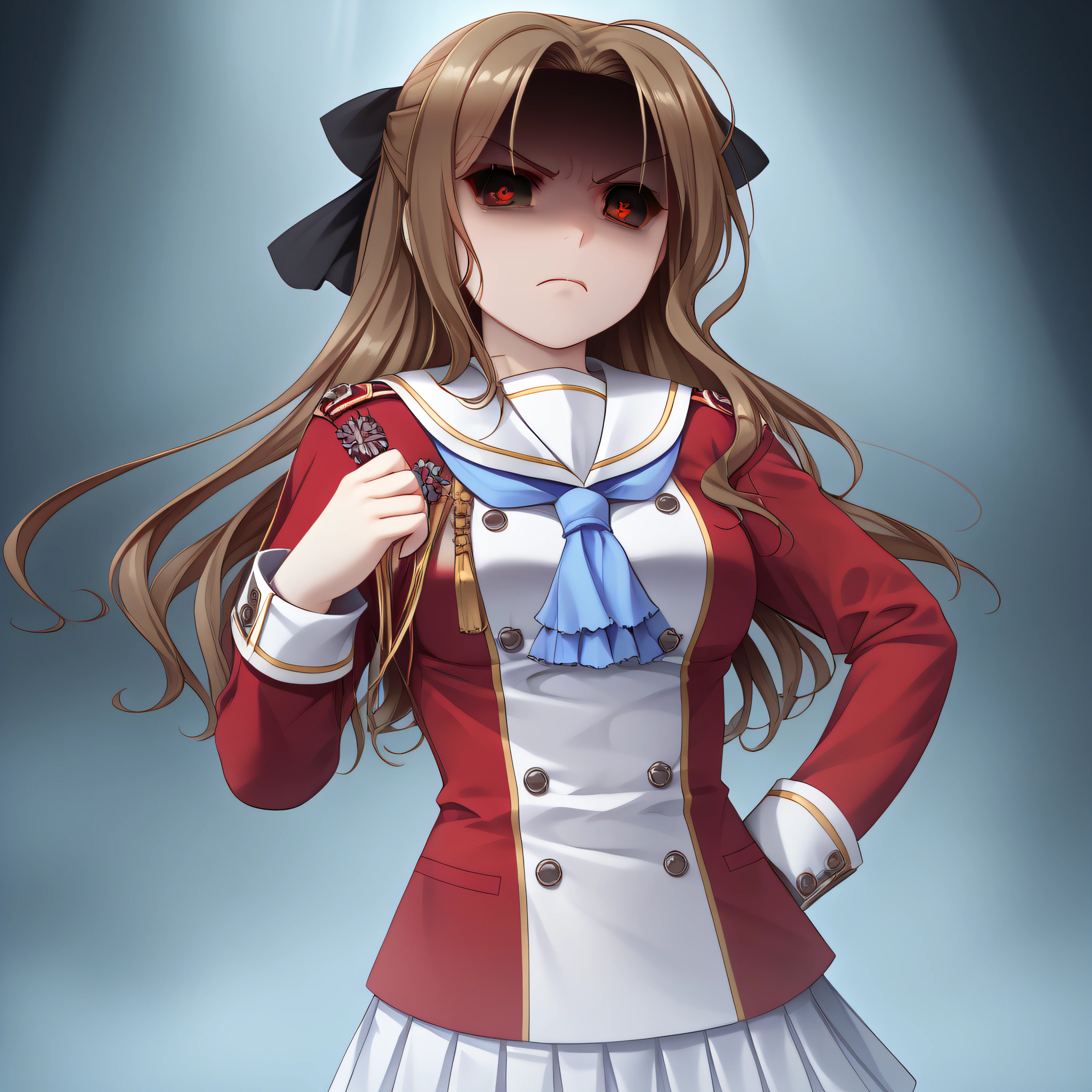 masterpiece, best quality, high quality, highly detailed, 4k, cinematic, highres, long hair, brown hair, black eyes, red pupils, onslaught mitori, (noble uniform:1.5), Angry expression, scowl, 1girl, solo, white skirt, black hair ribbons, evil, red onslaught mist, highly detailed eyes, shaded face, menacing pose