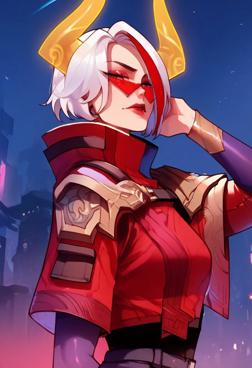 score_9, score_8_up, score_7_up, ultra detailed, 1girl, lbfiora, white hair, streaked hair, red hair, tinted eyewear, yellow glow horns, night city,