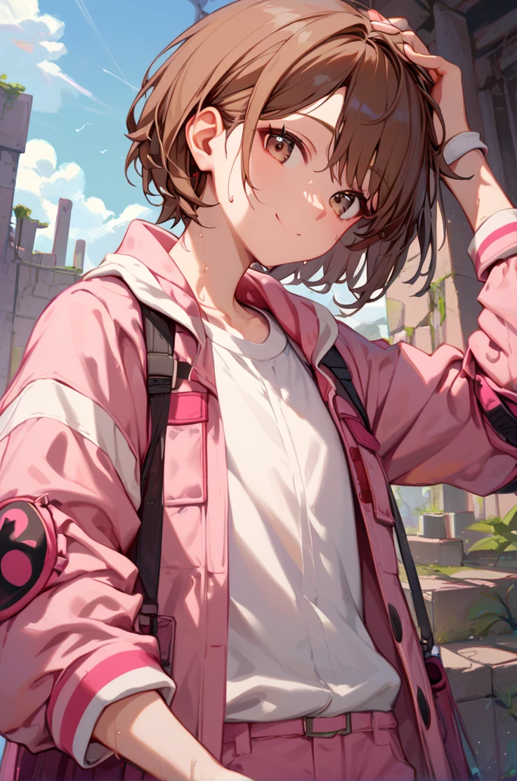 score_9, score_8_up, score_7_up, source_anime, 
ruins, post apocalyptic environment,
adjusting headwear, cowboy shot, close up, upper body, sweat, light smile, looking at viewer
<lora:llenn_autismConfetti_v01:0.95>llennbase,  brown hair, brown eyes, short hair, pink jacket, long sleeves, pink pants,  elbow pads,  open jacket, white shirt,  flat chest, petite female,, zPDXL