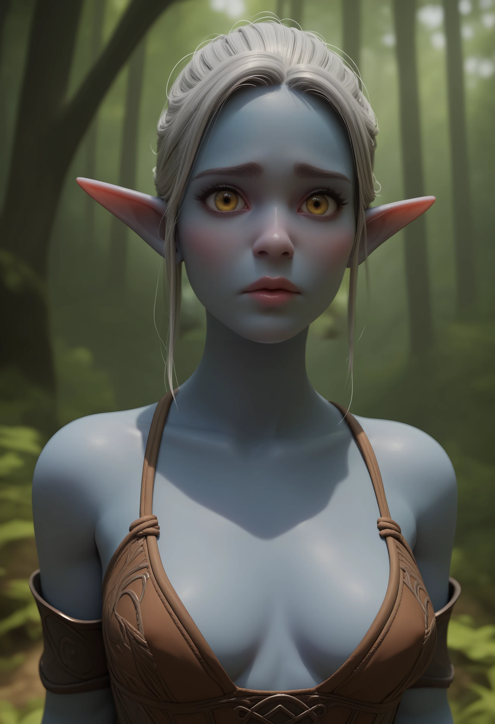 score_9, score_8_up, score_7_up, score_6_up, score_5_up, score_4_up, 1girl, elf girl, colored skin, blue skin, pointy ears, yellow eyes, medium breasts, embarrassed, lips, looking at viewer,
(fantasy forest background) 3d, render,