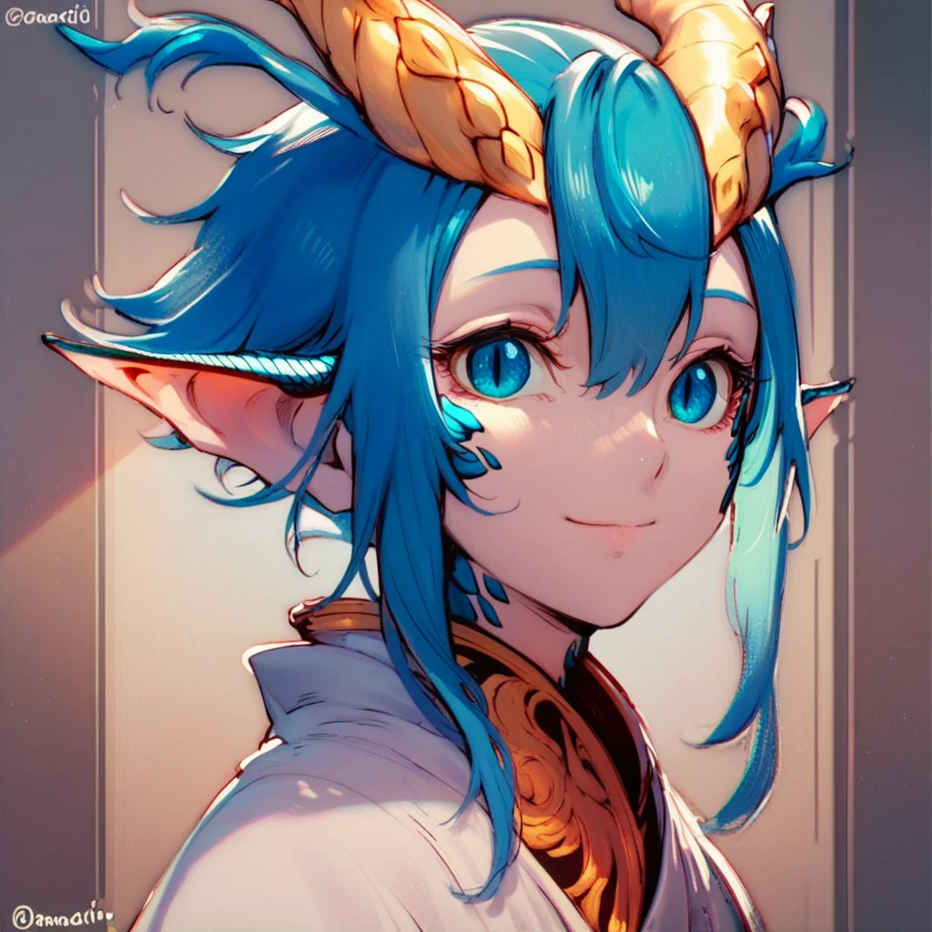 score_9, score_8_up, score_7_up, score_6_up, Skadi-Dragenfelt, Dragonoid, 1girl, solo, looking at viewer, smile, blue eyes, jewelry, closed mouth, blue hair, upper body, horns, pointy ears, twitter username, dragon horns, robe, white robe, sensitive