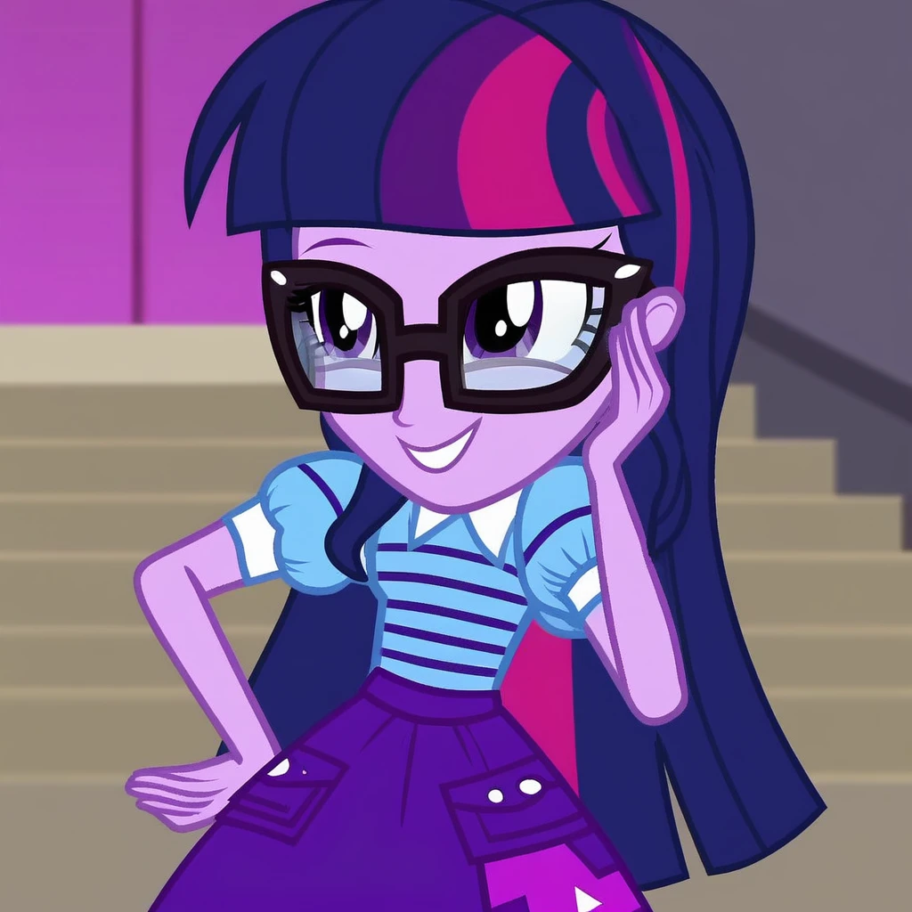1girl , purple hair, purple skin, purple eyes, multicolored hair, glasses, loose hair, long hair, hands on hip, smile, skirt, blouse, proud