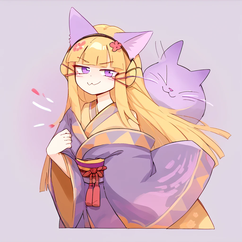 <lora:beco:1> 
long hair, blonde hair, purple cat ear headband, purple eyes, smug, kimono, pale skin