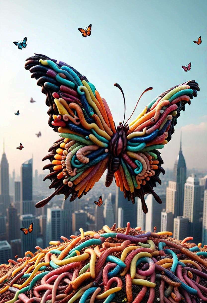 W0Rm5, a butterfly made from colorful worms, flying over a city, ,Masterpiece,best quality, raw photo, realistic, very aesthetic