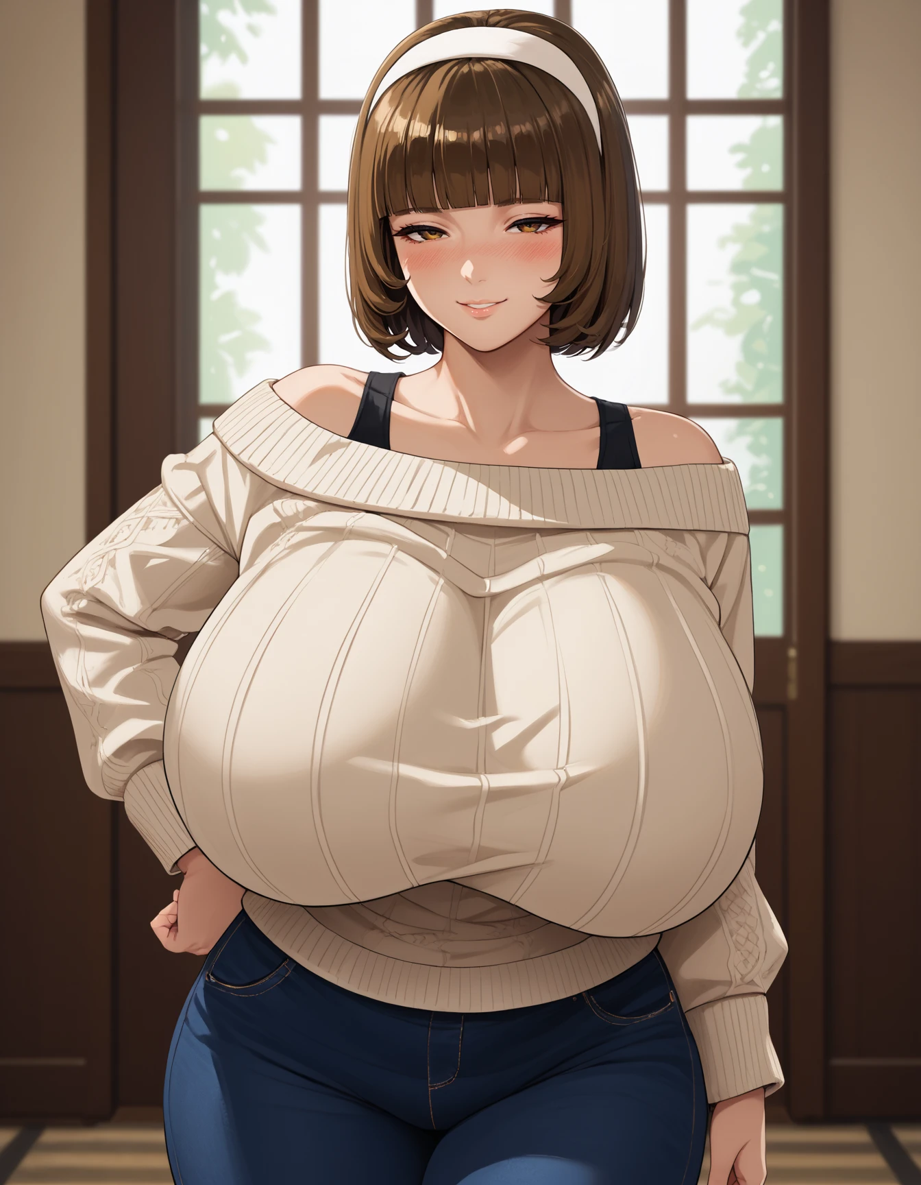 score_9, score_8_up, score_7_up,score_6_up  source_anime,1girl,solo,gigantic breasts, ribbed off-shoulder sweater,black strap,half-closed eyes, light smile,blush,dneim pants,wide hips,thick thighs
 <lora:hitomi_sagan-somniumfiles-koto-PonyXL:1> hitosa, brown hair, short hair, white hairband,blunt bangs