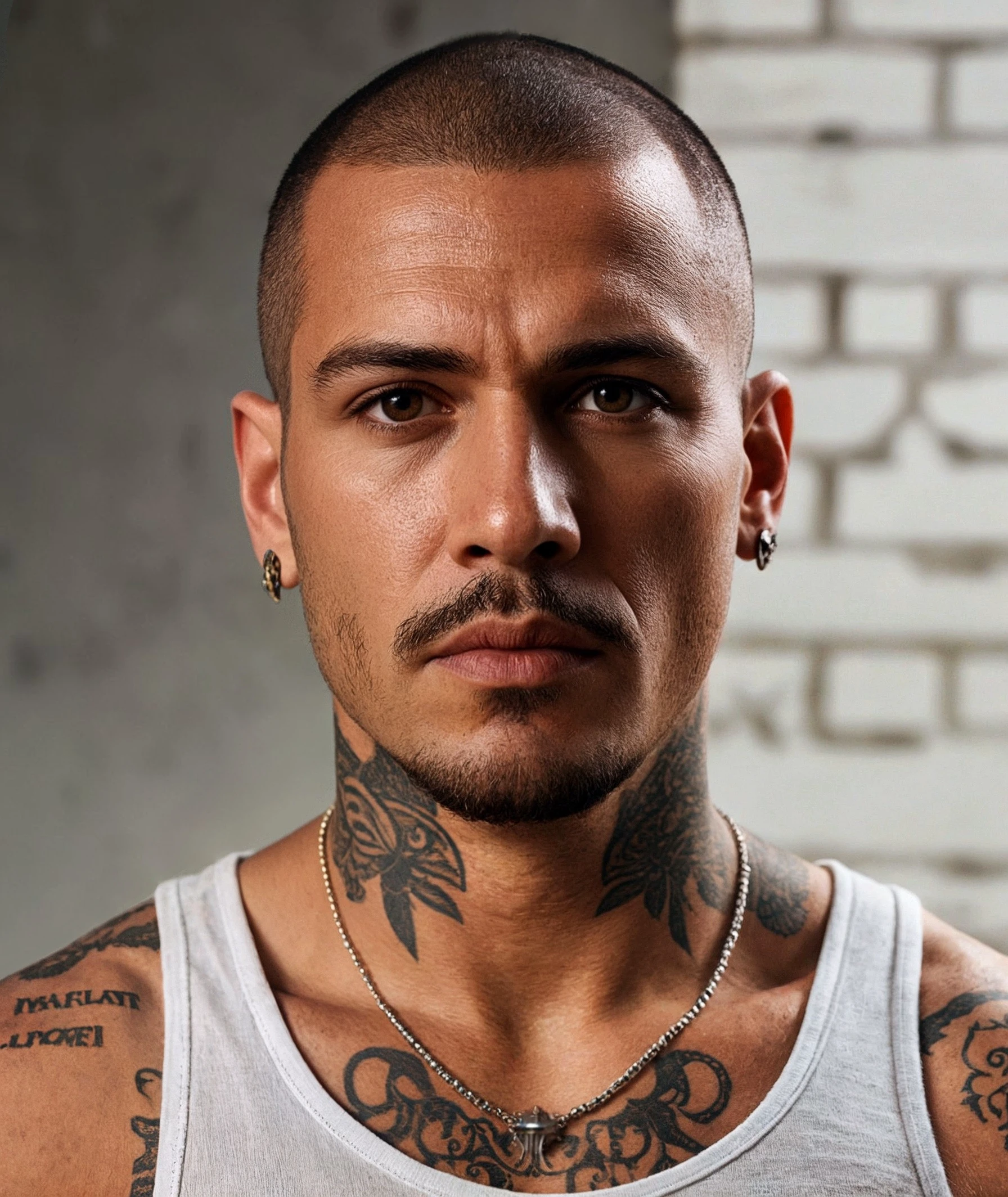 Mexican gang member, mug shot, close-up portrait, male, tattoos on neck and chest, piercings on nose and lips, shaved head, serious expression, white tank top, standing against a plain white brick wall, realistic lighting, high detail, high contrast