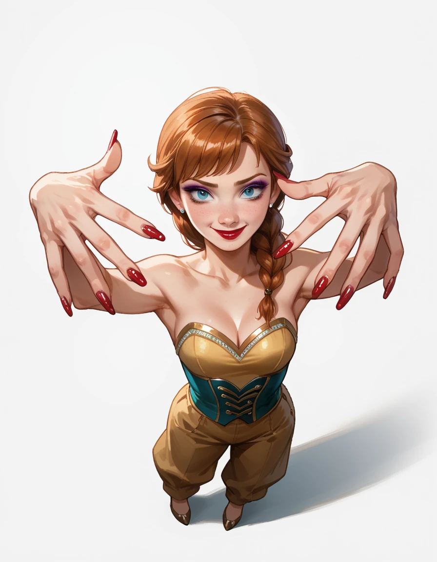 score_9, score_8_up, score_7_up, score_6_up, score_5_up, score_4_up, 1girl, makeup, lipstick, anna \(frozen\), hud_n4ilz, perspective, from above, arms up, red nail polish, fingernails, smile, full body, looking at viewer, <lora:mts2-000008:0.6>, (white background:1.4)