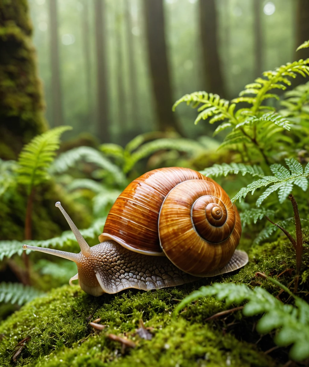 A close-up of a whimsical forest snail with 2 antenna features. The snail has a realistic texture  Its shell is a vibrant orange-brown spiral. Atop the shell sits a pointed, The snail is perched on a bed of lush green moss and small ferns in a misty forest setting. Soft, dappled sunlight filters through the background, creating a magical atmosphere. Hyper-detailed digital art style with a shallow depth of field focusing on the snail's face