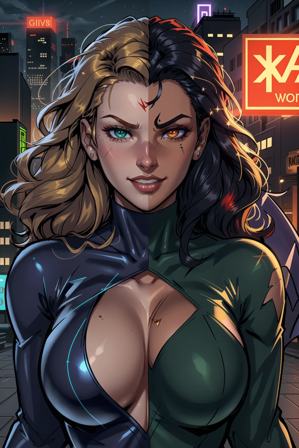 close up, panels, ([one person:image split down the middle, cropped detailed face, heterochromia, split personality, half face comparison:3]), (centred, facing camera):1, [(left side of the image) with city street, is adult beautiful sexy dark skinned indian superheroine dressed in red gold and black with detailed hair, green right eye, half face, night time|(right side of the image) with burning city, is adult sexy evil grin angry light skinned (android 18) supervillain dressed in purple green and maroon with detailed (blonde hair), red left eye with scar, half face with tattoos, daytime],  professional comic book style, intricate linework