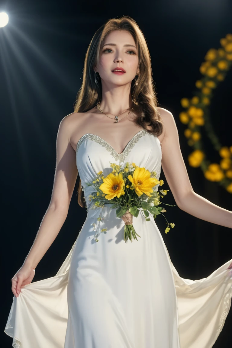 promise_dress, long hair, lips, breasts, white dress, jewelry, earrings, yellow flower, flower, on stage, singing, 
sharp focus, raw photo, photorealistic, masterpiece, best quality, hires, intricate details, HDR, 8k resolution, ray-tracing, 35mm, 
<lora:Aerith_-_No_Promises_to_Keep:0.9>