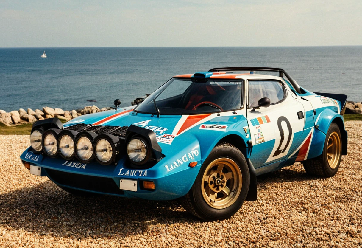 ClassicSportsCar gleaming Lancia Stratos rally, front side view, seaside, 4K, highly detailed, (stylish grainy analog 35mm film photo, "STRATOS")