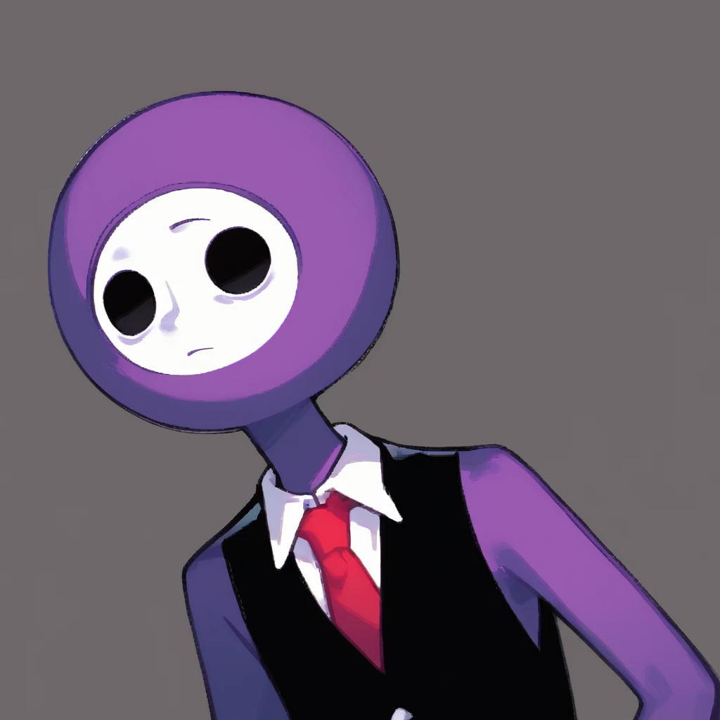 score_9, solo 
 <lora:cosmodance:1> cosmdance, red necktie, suit, round head, purple skin, white face, solid circle eyes, black vest, white undershirt, sleeveless, black eyes