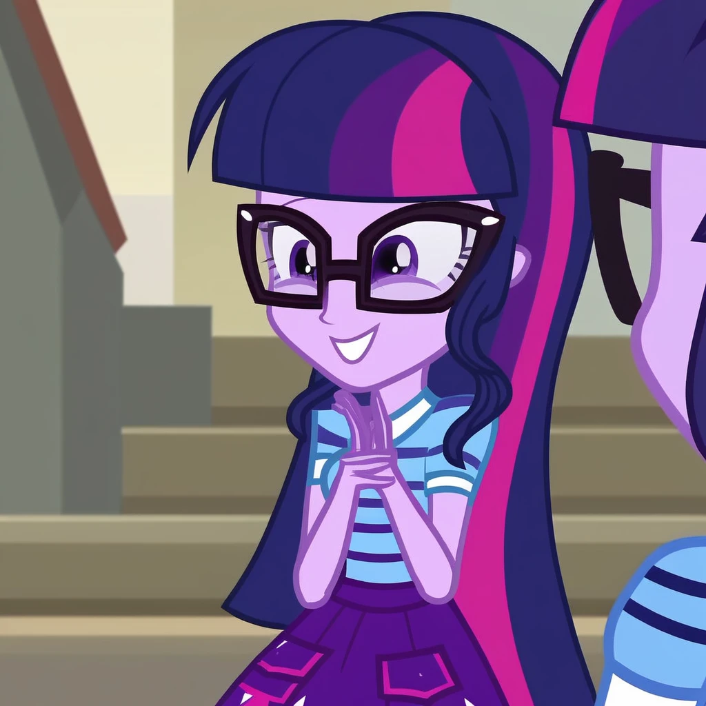 1girl , purple hair, purple skin, purple eyes, multicolored hair, glasses, smiling, hands in the hair, upper body , skirt, shirt,