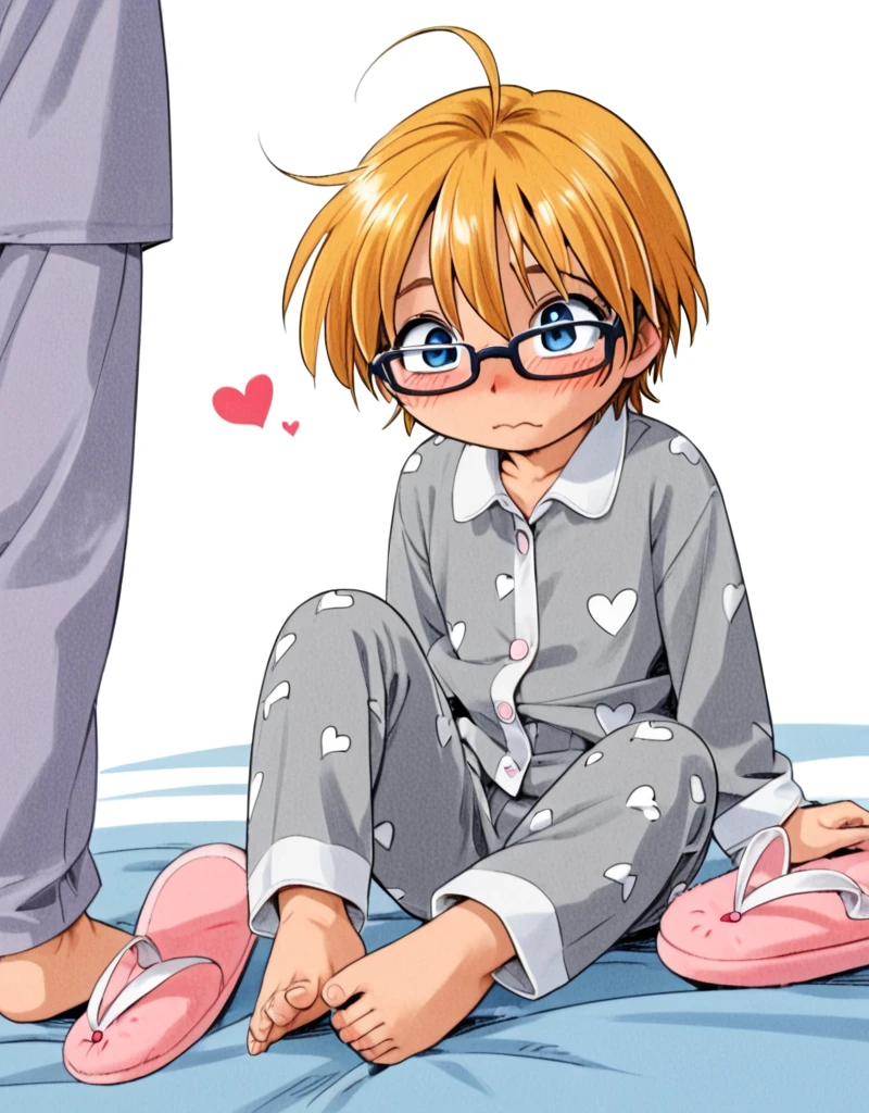 score_9, score_8_up, score_7_up, score_6_up, 1girl, asian, solo focus, Takatou Iori, ichinensei_ni_nacchattara, solo, blush, short hair, blue eyes, heart, greyscale, barefoot, glasses, pajamas, slippers, blonde hair,  <lora:Takatou_Iori:1> <lora:Hoshino:1>