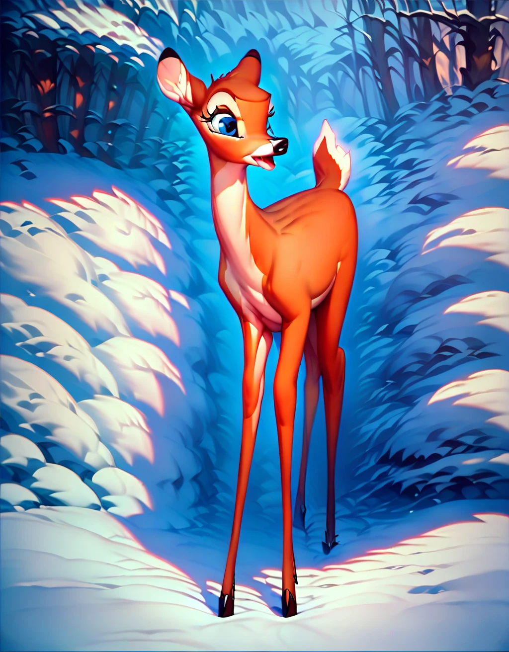 score_9, score_8_up, score_7_up, score_6_up,
 <lora:Bambi:1> faline, deer, female, azure eyes, solo, forest, adult, masterpiece, ultrarealistic, hyperdetailed, lateral view, detailed eyes, full body, snow,
 <lora:add-detail-xl:1> <lora:Furry Enhancer 6.1:1>