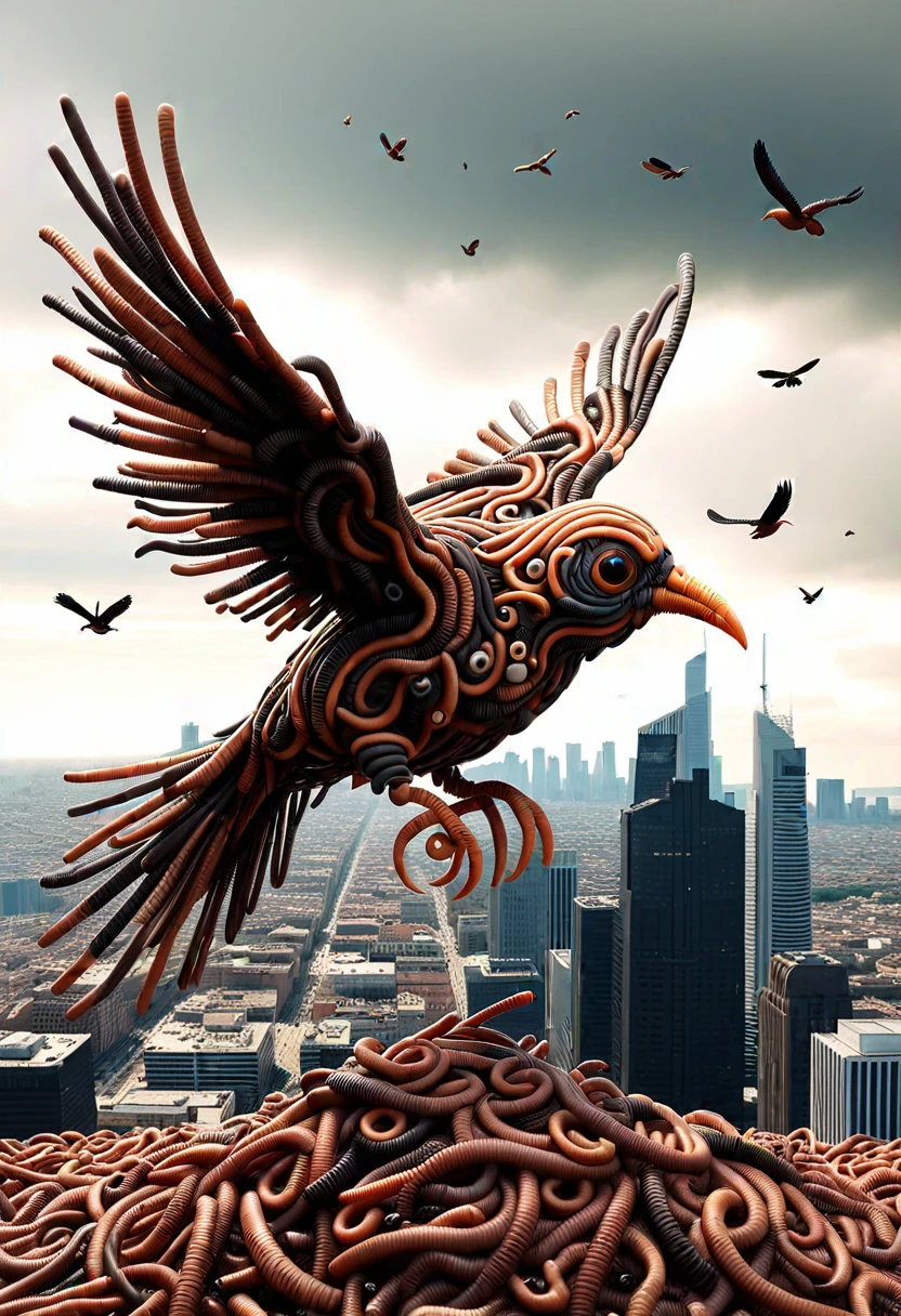 W0Rm5, a bird made from worms worms, flying over a city, ,Masterpiece,best quality, raw photo, realistic, very aesthetic