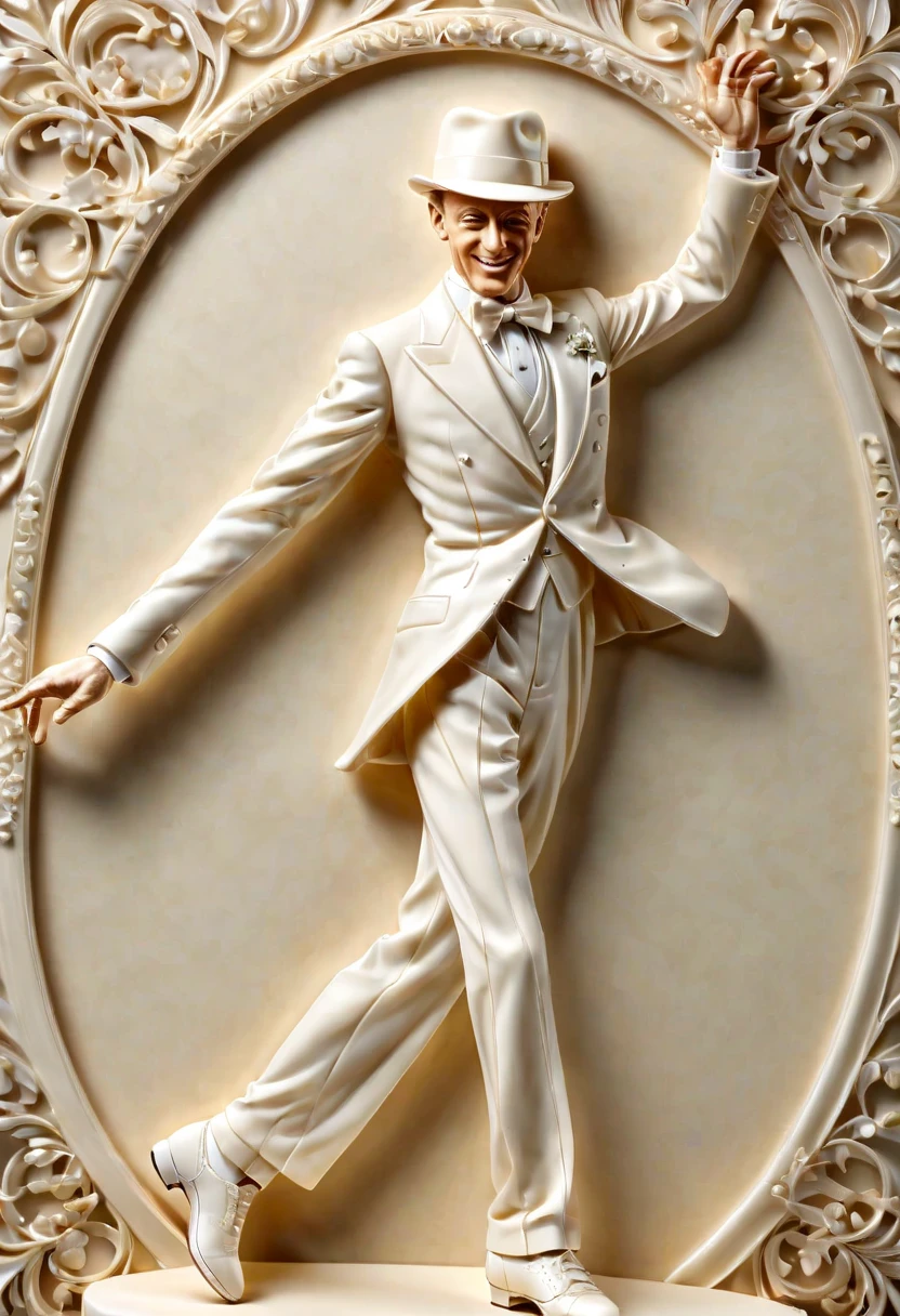 ivory_carving_style, beautiful picture of the dancing Fred Astaire, closeup, made out of delicate and fragile fine original ivory material, whole body, masterpiece, flawless, elegant, vibrant details, (expansive view:1.4), (clear outlines:1.4), (ultra detailed:1.4), 64K, (high contrast:1.4), award winning, stunning, beautiful composition, clean sharp focus, SFW, realistic