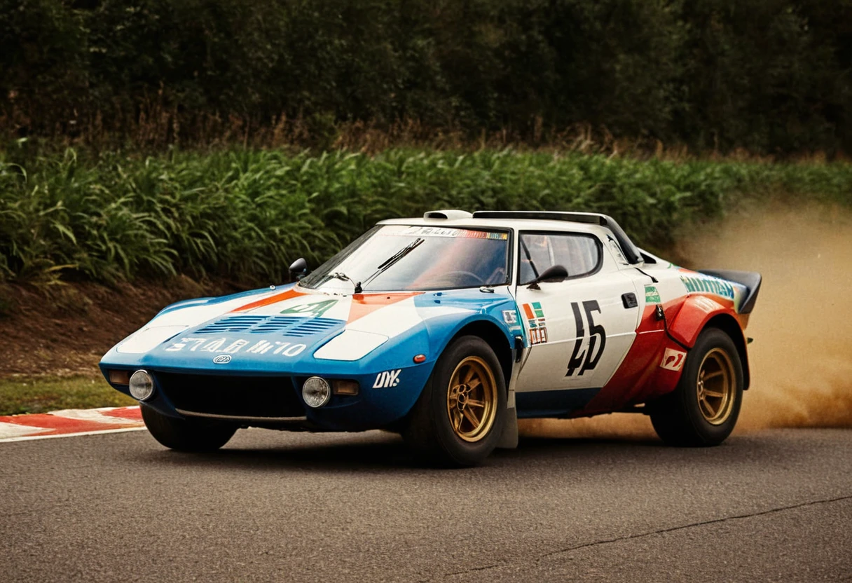 ClassicSportsCar gleaming Lancia Stratos rally, front side view, race track, vegetation, motion blur, 4K, highly detailed, (stylish grainy analog 35mm film photo, "STRATOS")