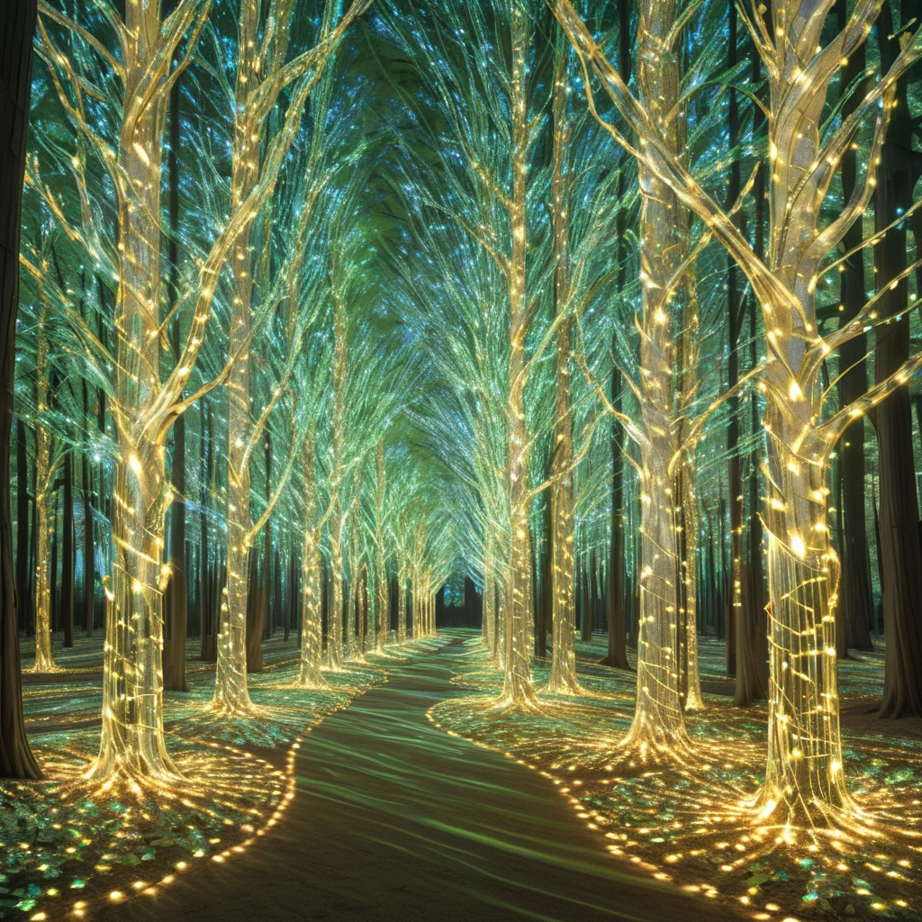 masterpiece, best quality,  <lora:add-detail-xl:1>   <lora:ArsMorph_-_World_of_Light_-_SDXL:1> arsworldoflight A forest of light trees, each trunk and branch a twisting strand of illumination. Leaves are translucent color shifts, casting prismatic shadows on the glowing ground.