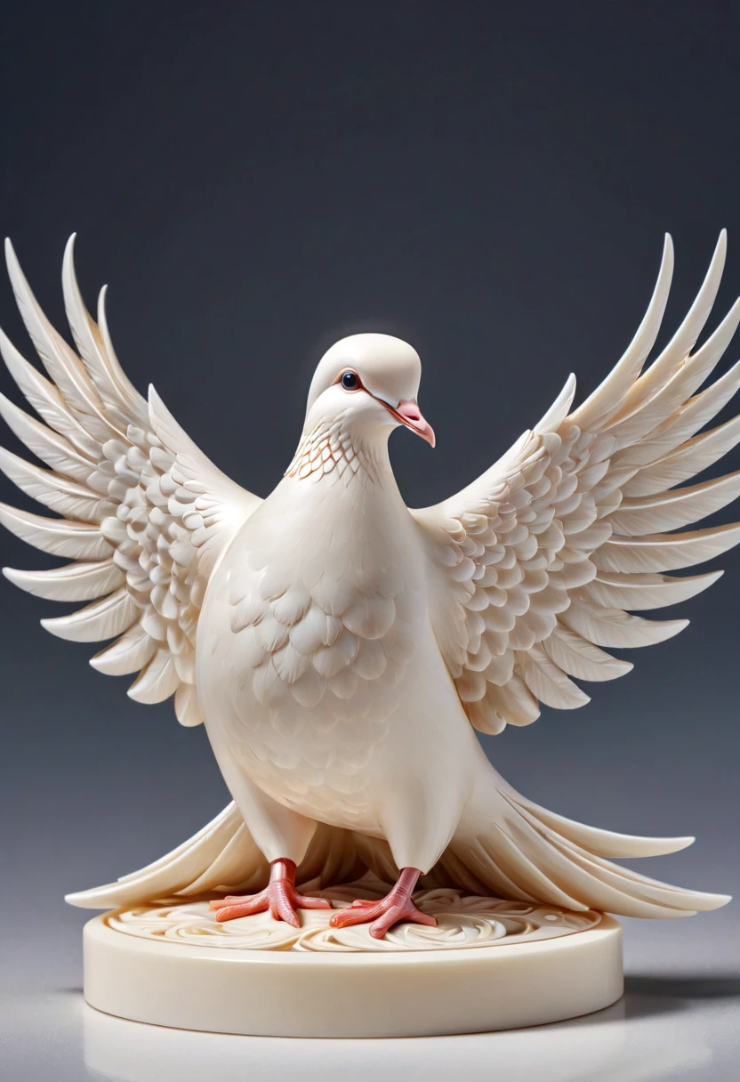 ivory_carving_style, beautiful picture of a dove, closeup, made out of delicate and fragile fine original ivory material, whole body, masterpiece, flawless, elegant, vibrant details, (expansive view:1.4), (clear outlines:1.4), (ultra detailed:1.4), 64K, (high contrast:1.4), award winning, stunning, beautiful composition, clean sharp focus, SFW, realistic