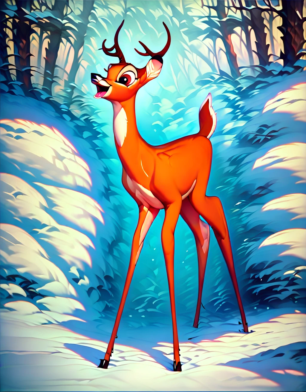 score_9, score_8_up, score_7_up, score_6_up,
 <lora:Bambi:1> bambi, deer, solo, forest, adult, masterpiece, ultrarealistic, hyperdetailed, lateral view, snow, detailed eyes, full body, horns,
 <lora:add-detail-xl:1> <lora:Furry Enhancer 6.1:1>