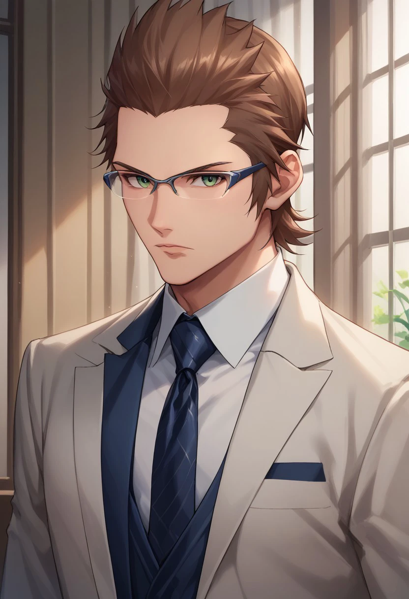 score_9, score_8_up, score_7_up, source_anime, highly detailed, 
ignisxv, 1boy, male focus, formal, solo, necktie, brown hair, suit, glasses, looking at viewer, shirt, white shirt, upper body, jacket, green eyes, short hair, long sleeves,serious
indoor, window, curtains,