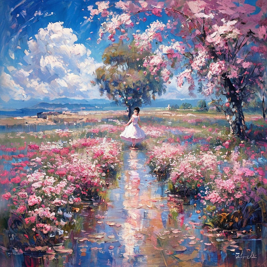 score_9, score_8_up, score_7_up,    <lora:ArsMJImpressionism:0.8> Impressionism, ArsMJStylePony A serene garden scene with a young woman in a flowing white dress reading beneath a blooming cherry tree. Dappled sunlight filters through the pink petals, casting soft, colorful patterns on her dress and the lush grass around her. The atmosphere is one of tranquil contemplation.