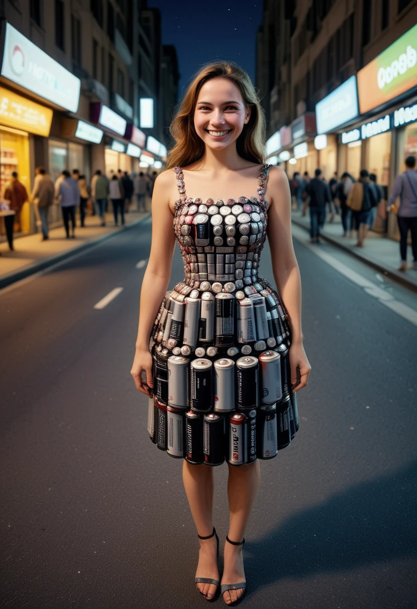 B4TT3R13S, a woman wearing a dress made of batteries,  woman smiling, set in the street at night, city, ,Masterpiece,best quality, raw photo, realistic, very aesthetic