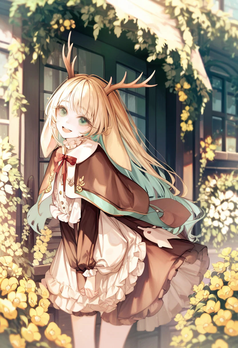score_9, score_8_up, score_7_up, score_6_up, <lora:yoggiXL_P6_lokr_V43P1:0.95>   1girl, animal ears, solo, long hair, horns, antlers, flower, green eyes, blonde hair, looking at viewer, smile, open mouth, capelet, deer ears, dress, window, frills, long sleeves, neck ribbon, :d, brown capelet, outdoors, skirt, deer girl, plant, ribbon, yellow flower, brown dress, umbrella, red ribbon, table, white flower, very long hair, storefront, deer antlers