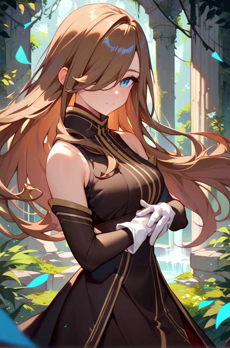 score_9, score_8_up, score_7_up, very aesthetic, source_anime, detailed,
ruins, forest, cowboy shot,
looking away, holding own arms,
<lora:tear_autismConfetti_v02:1> tearBase, brown hair, long hair, sidelocks, blue eyes,  hair over one eye,
sleeveless black brown dress, brown detached sleeves, white gloves,, zPDXL